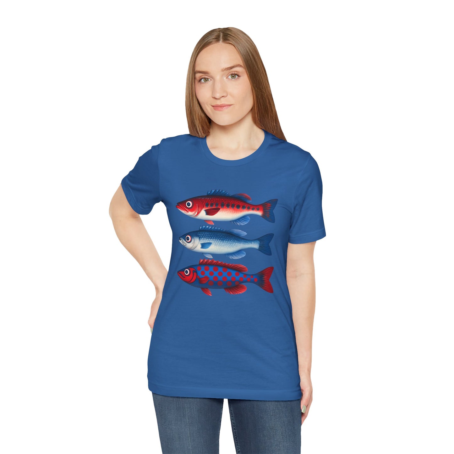 Americana Fish Trio Graphic Tee — Nautical Red & Blue Coastal T-Shirt