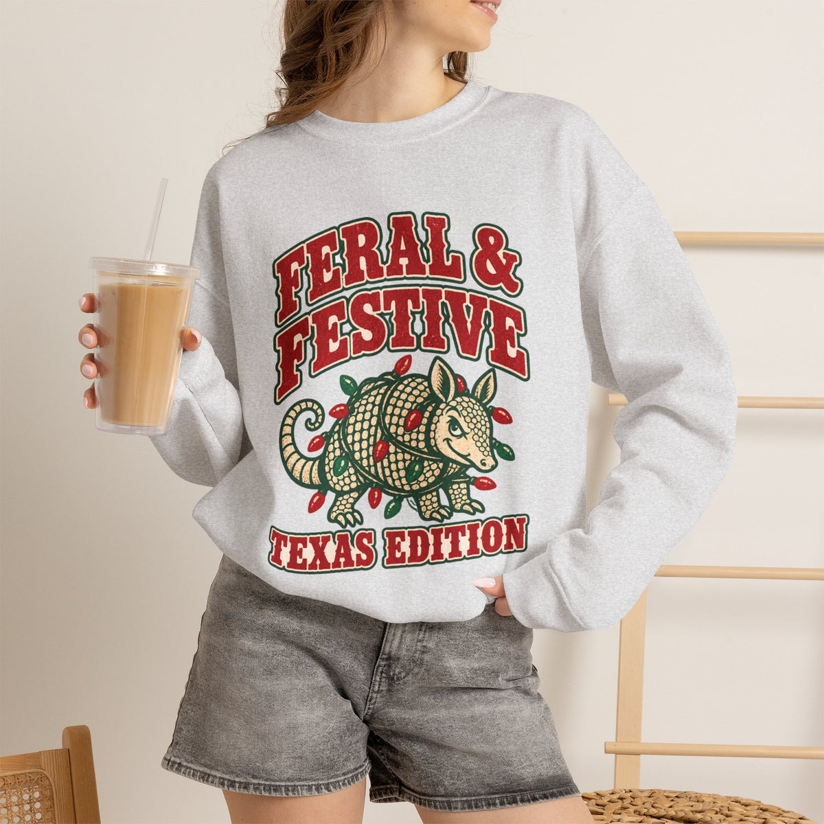 Feral & Festive Texas Edition Christmas Sweatshirt, Funny Armadillo Holiday Crewneck