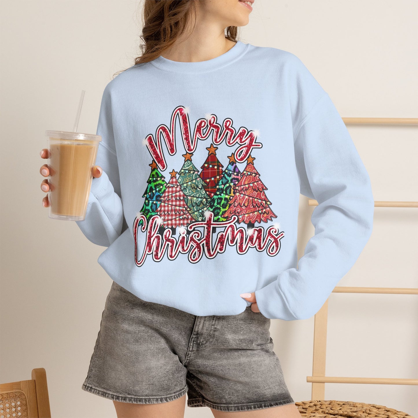 Merry Christmas Crewneck Sweatshirt - Festive Plaid Christmas Trees Holiday Sweatshirt