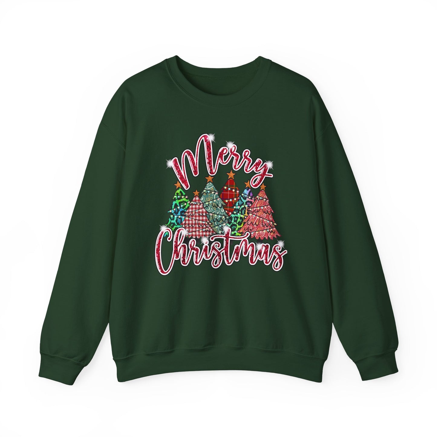 Merry Christmas Crewneck Sweatshirt - Festive Plaid Christmas Trees Holiday Sweatshirt