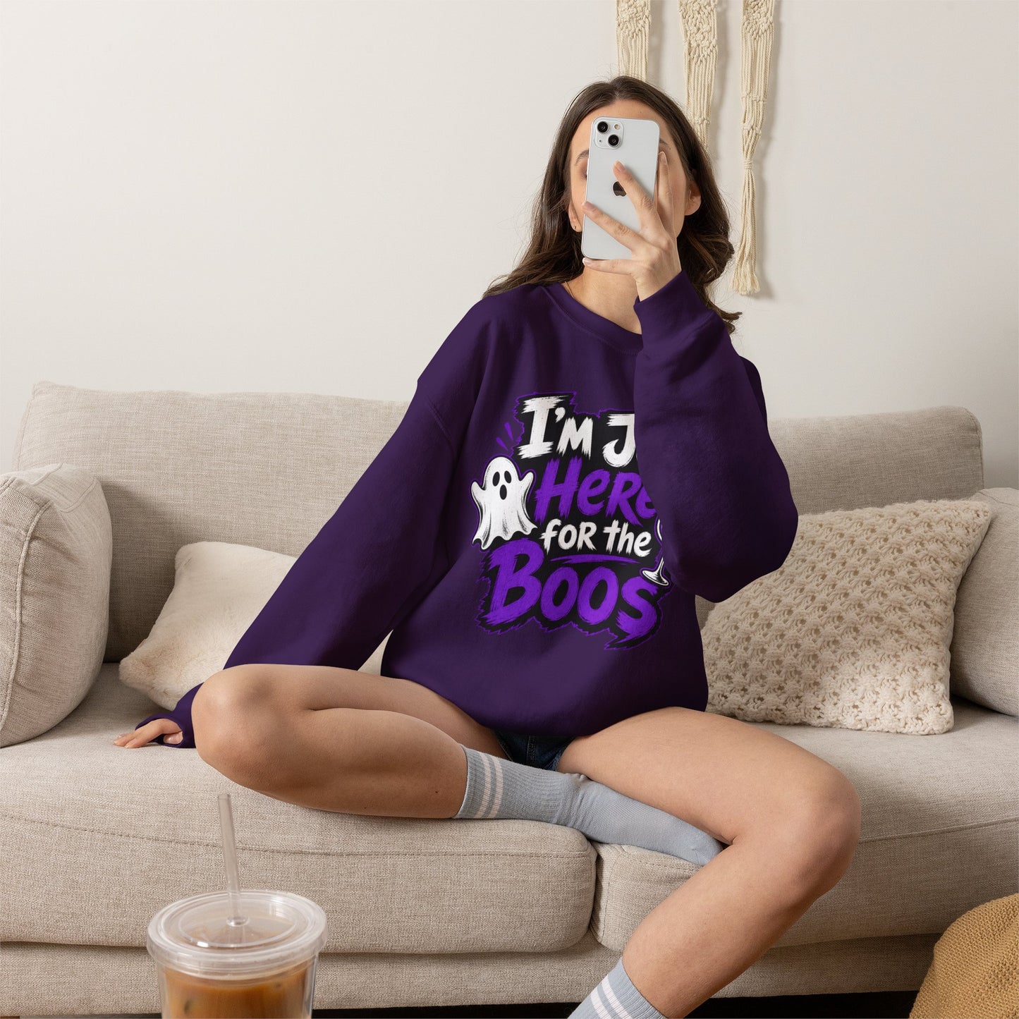 I'm Just Here for the Boos Halloween Sweatshirt — Ghost & Wine Graphic Crewneck