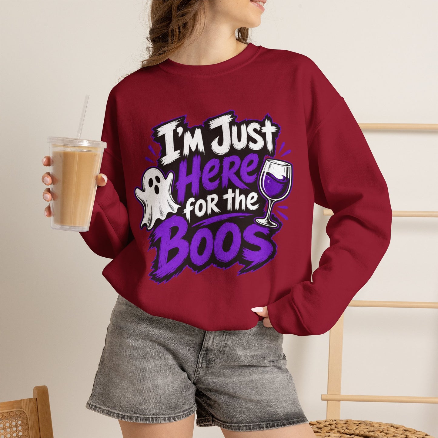 I'm Just Here for the Boos Halloween Sweatshirt — Ghost & Wine Graphic Crewneck