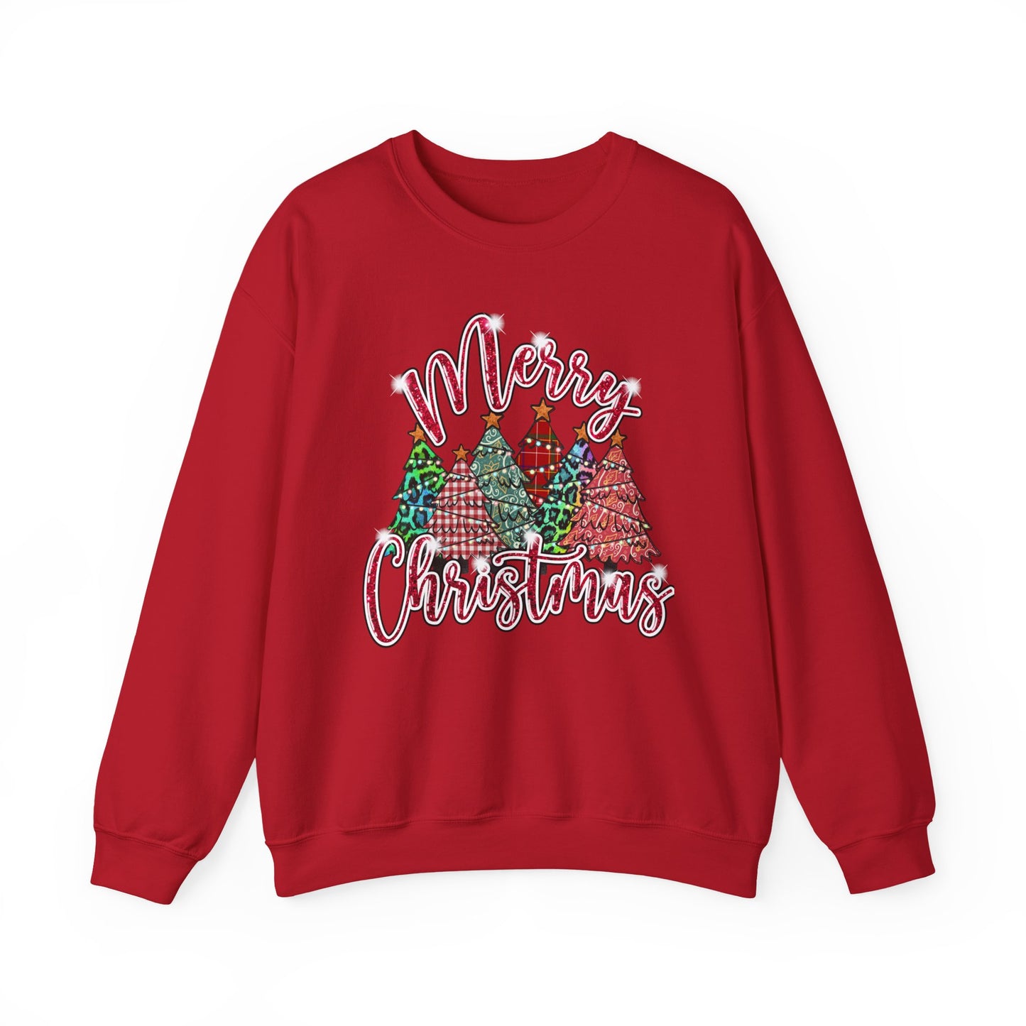 Merry Christmas Crewneck Sweatshirt - Festive Plaid Christmas Trees Holiday Sweatshirt