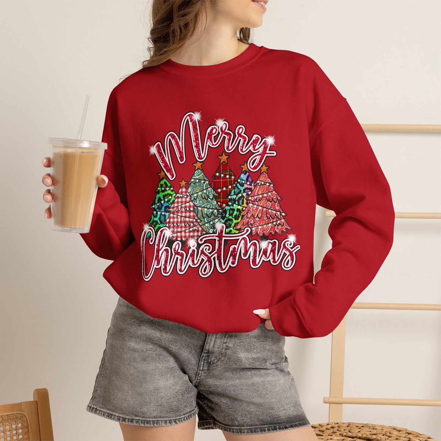 Merry Christmas Crewneck Sweatshirt - Festive Plaid Christmas Trees Holiday Sweatshirt