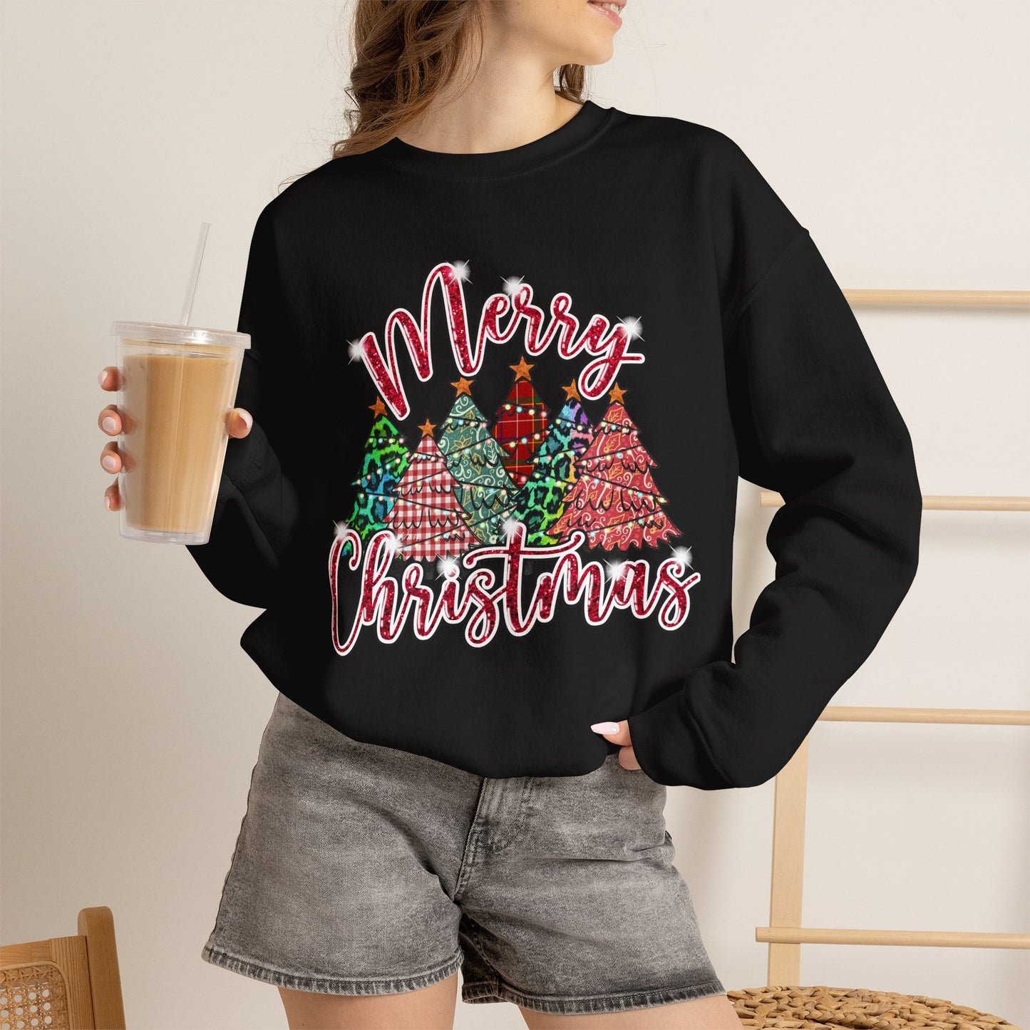 Merry Christmas Crewneck Sweatshirt - Festive Plaid Christmas Trees Holiday Sweatshirt