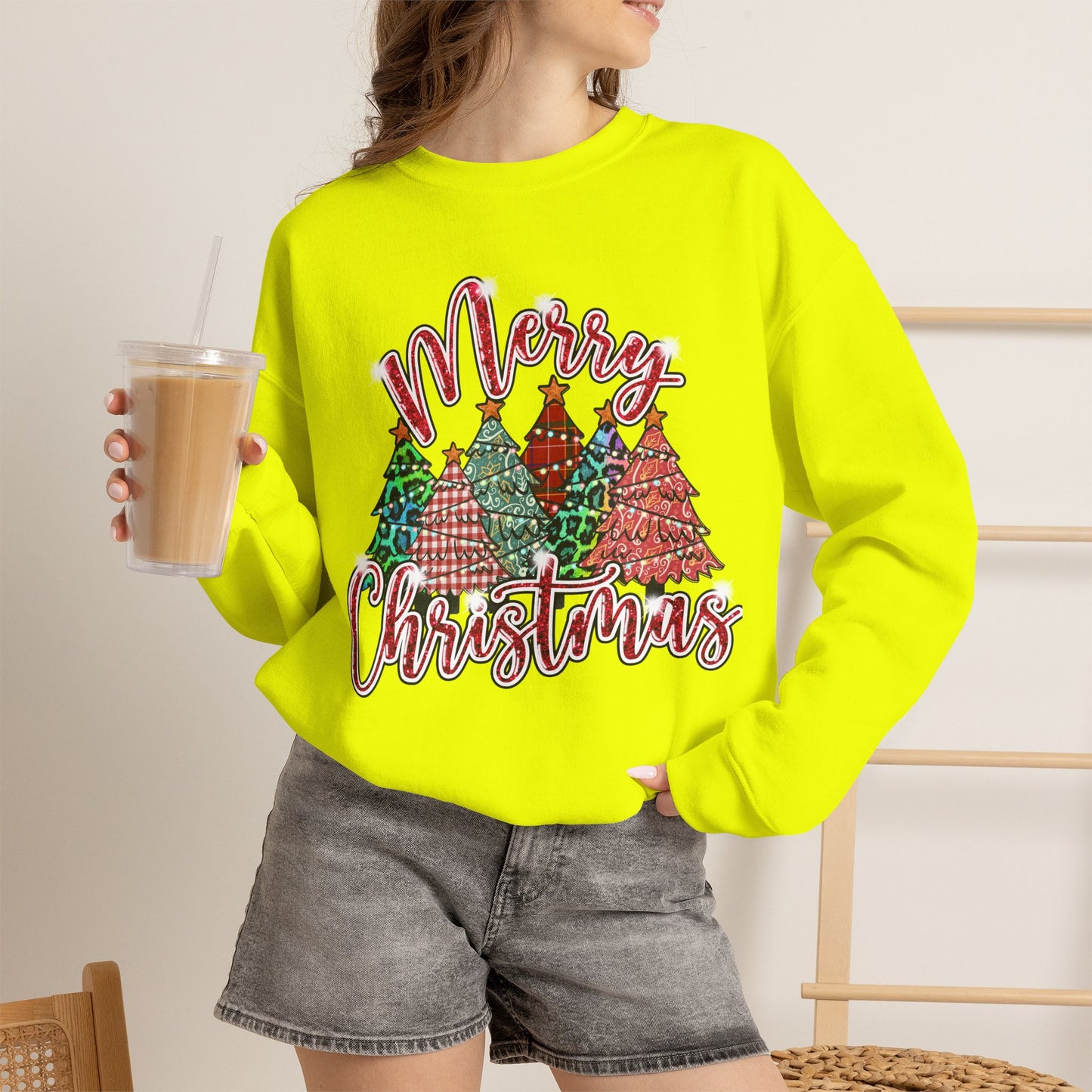 Merry Christmas Crewneck Sweatshirt - Festive Plaid Christmas Trees Holiday Sweatshirt