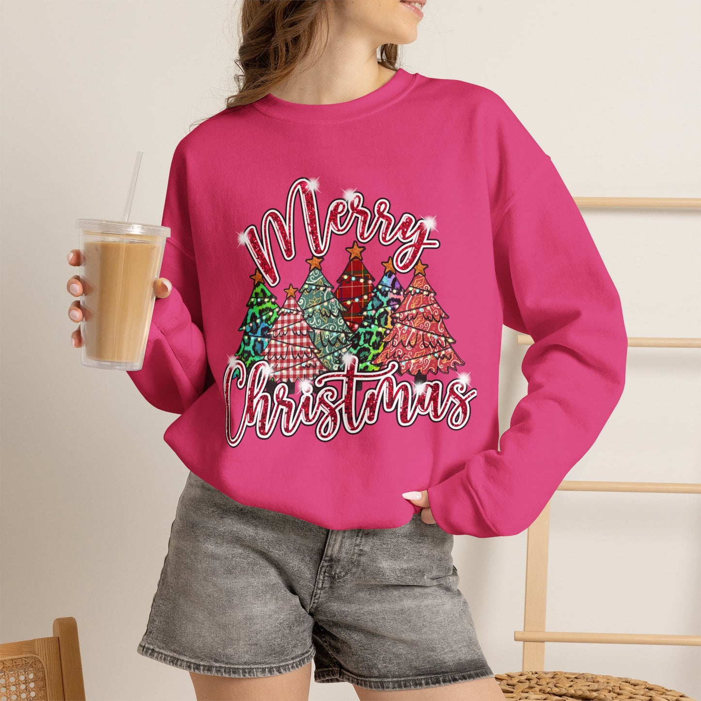 Merry Christmas Crewneck Sweatshirt - Festive Plaid Christmas Trees Holiday Sweatshirt