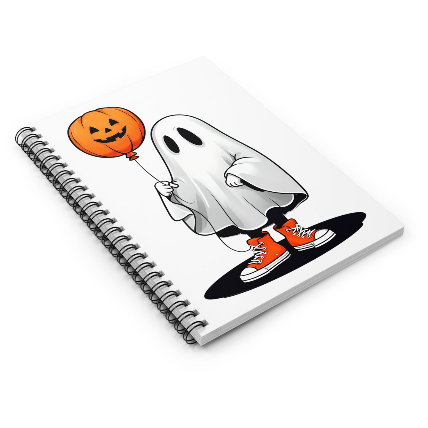 Cute Halloween Ghost Notebook, Spiral Journal, Halloween Gift, Spooky Note-taking, Orange Balloon Design, School Supplies