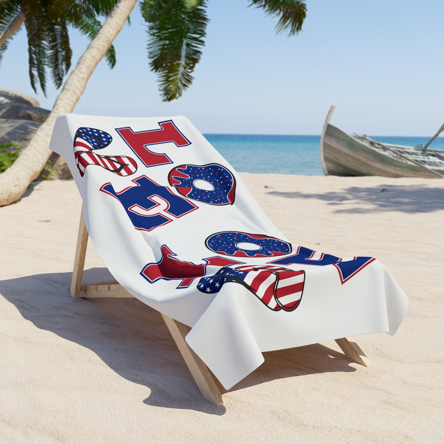 Patriotic LOVE Beach Towel – American Flag Flip-Flop & Donut Summer Design