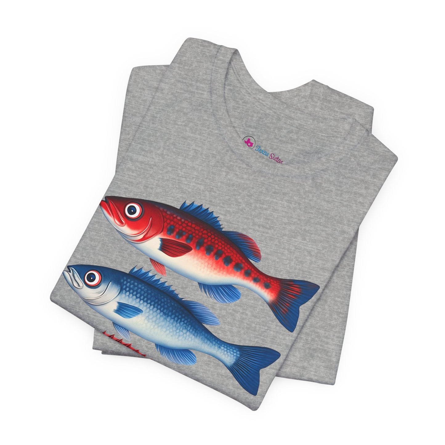Americana Fish Trio Graphic Tee — Nautical Red & Blue Coastal T-Shirt
