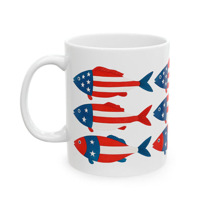 USA Flag Fish Ceramic Mug - Patriotic Ocean-Inspired Coffee Cup