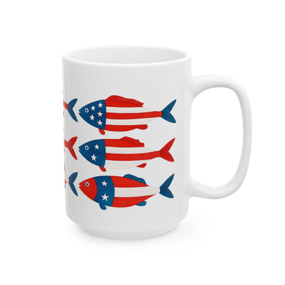 USA Flag Fish Ceramic Mug - Patriotic Ocean-Inspired Coffee Cup