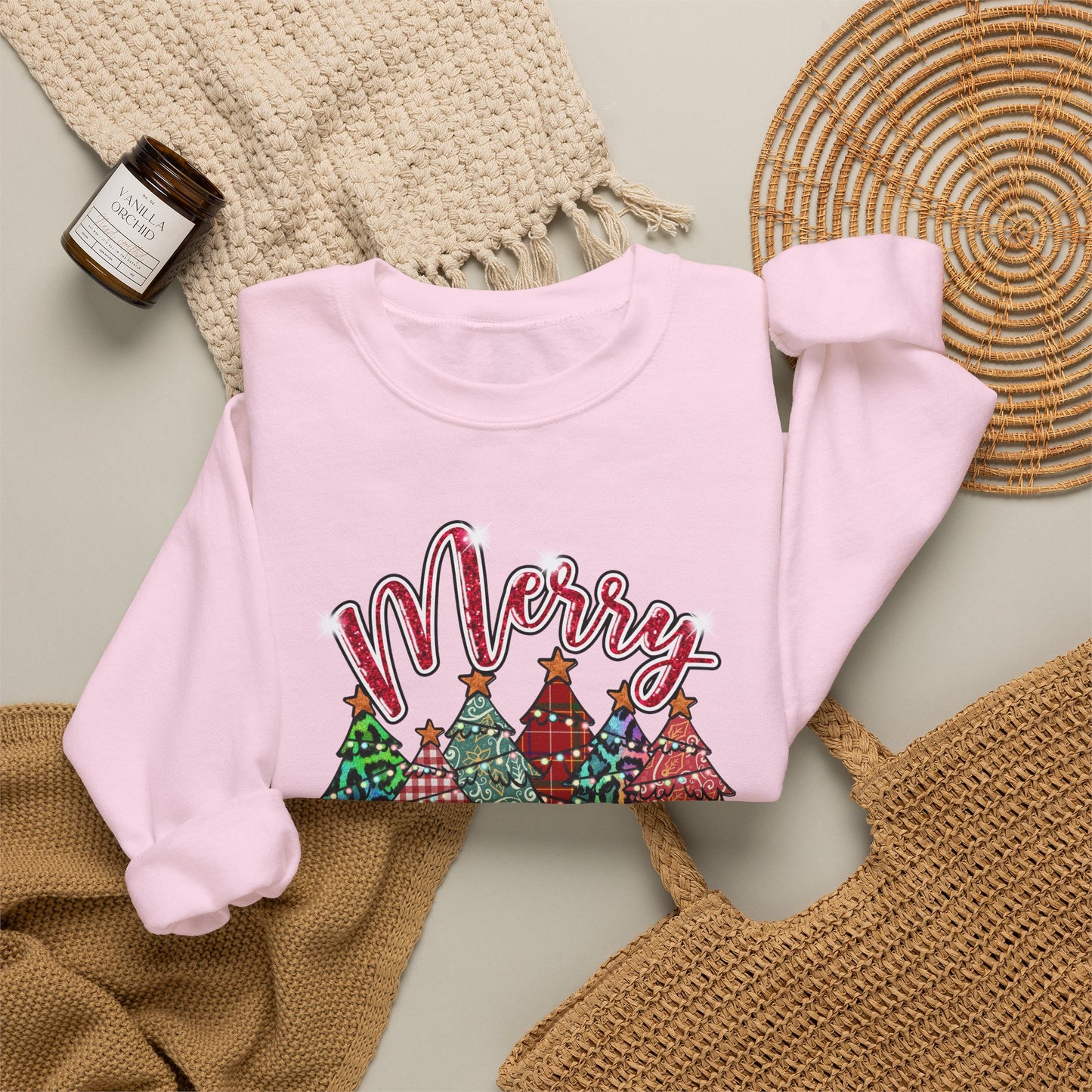 Merry Christmas Crewneck Sweatshirt - Festive Plaid Christmas Trees Holiday Sweatshirt