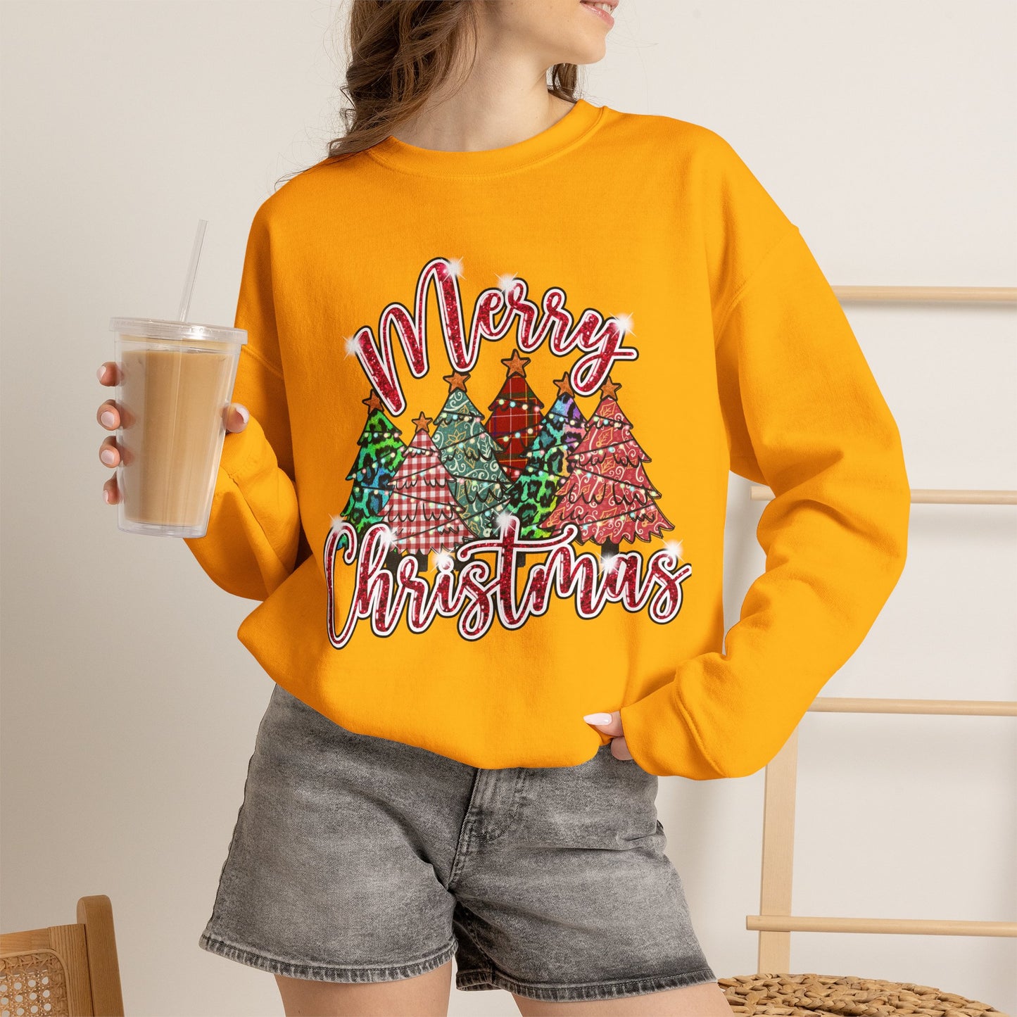 Merry Christmas Crewneck Sweatshirt - Festive Plaid Christmas Trees Holiday Sweatshirt