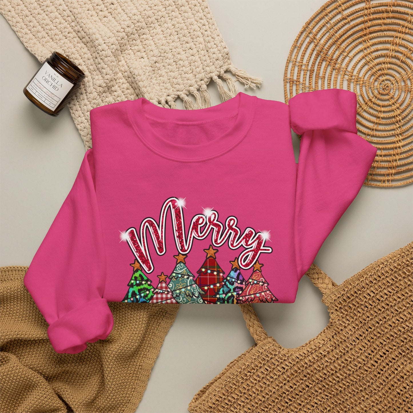 Merry Christmas Crewneck Sweatshirt - Festive Plaid Christmas Trees Holiday Sweatshirt