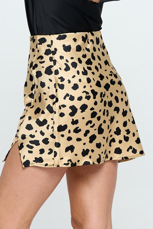 Leopard Print Satin Mini Skirt with Slit