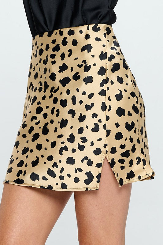 Leopard Print Satin Mini Skirt with Slit