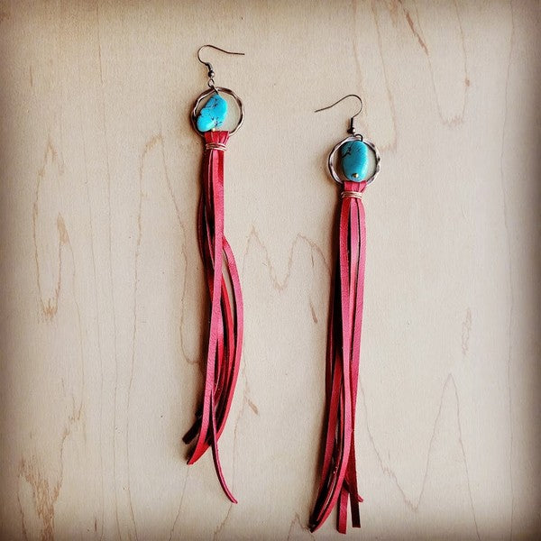 Turquoise Drop Earrings w/ Red Leather Tassel
