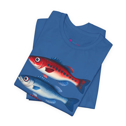 Americana Fish Trio Graphic Tee — Nautical Red & Blue Coastal T-Shirt