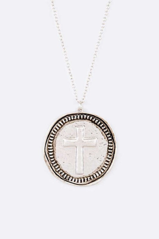 Embossed Cross Pendant Long Necklace