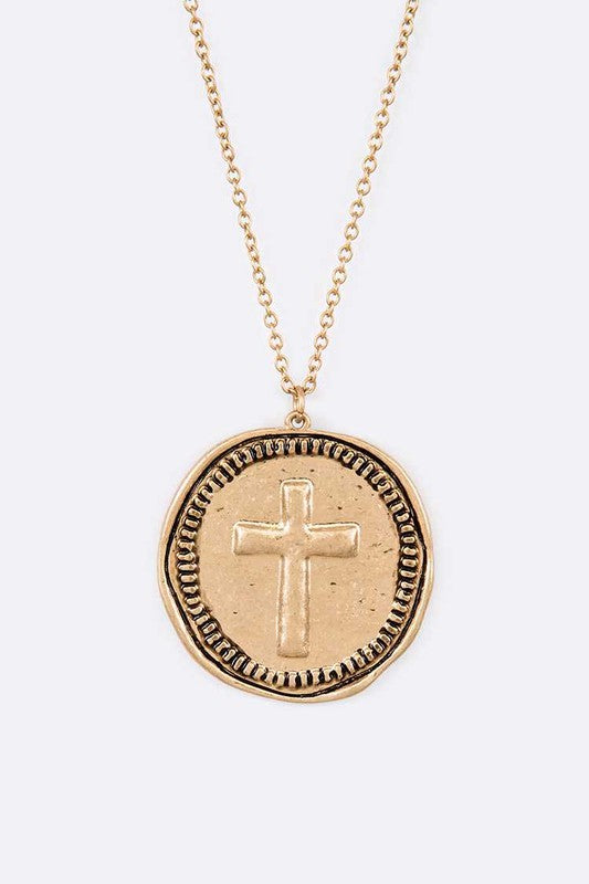 Embossed Cross Pendant Long Necklace