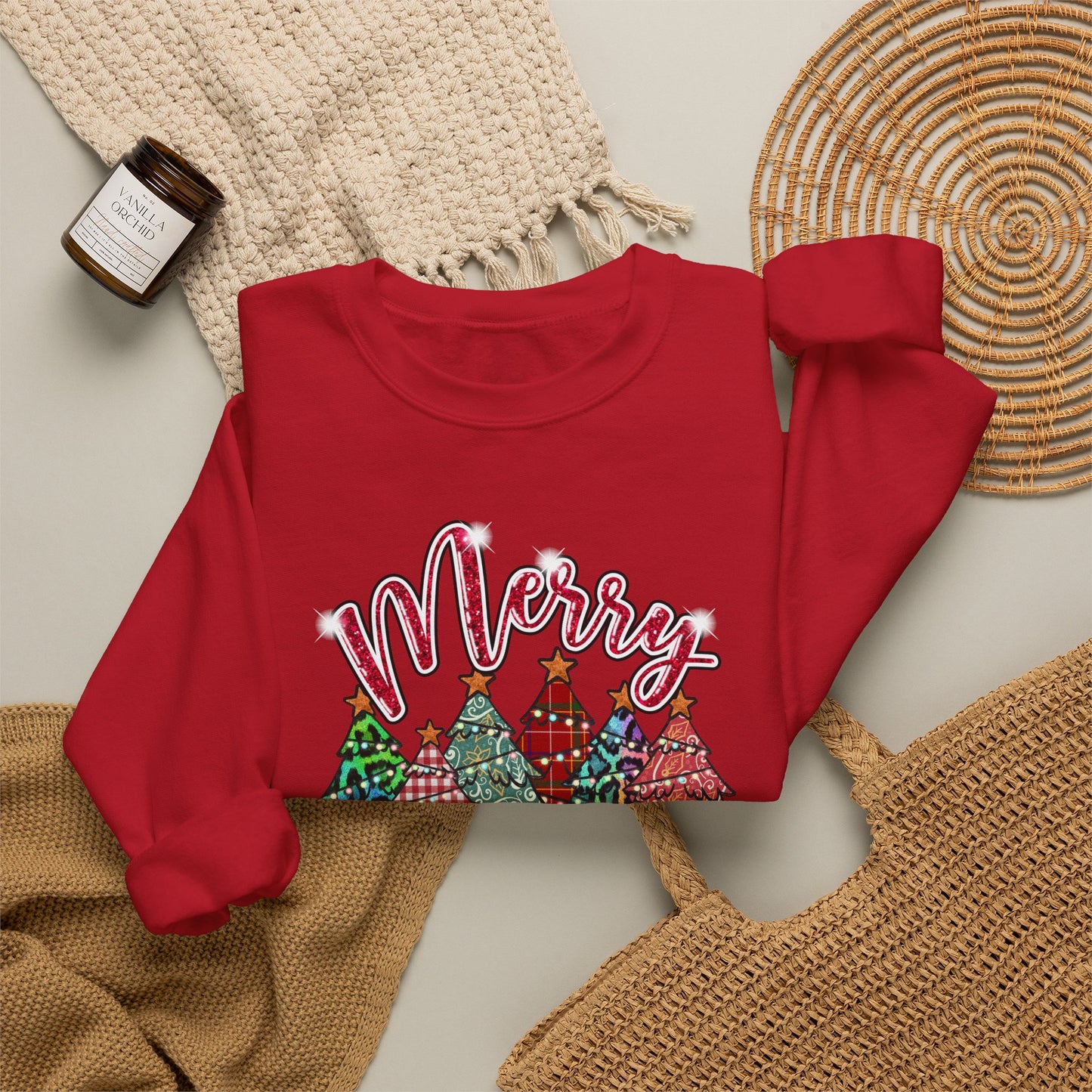 Merry Christmas Crewneck Sweatshirt - Festive Plaid Christmas Trees Holiday Sweatshirt
