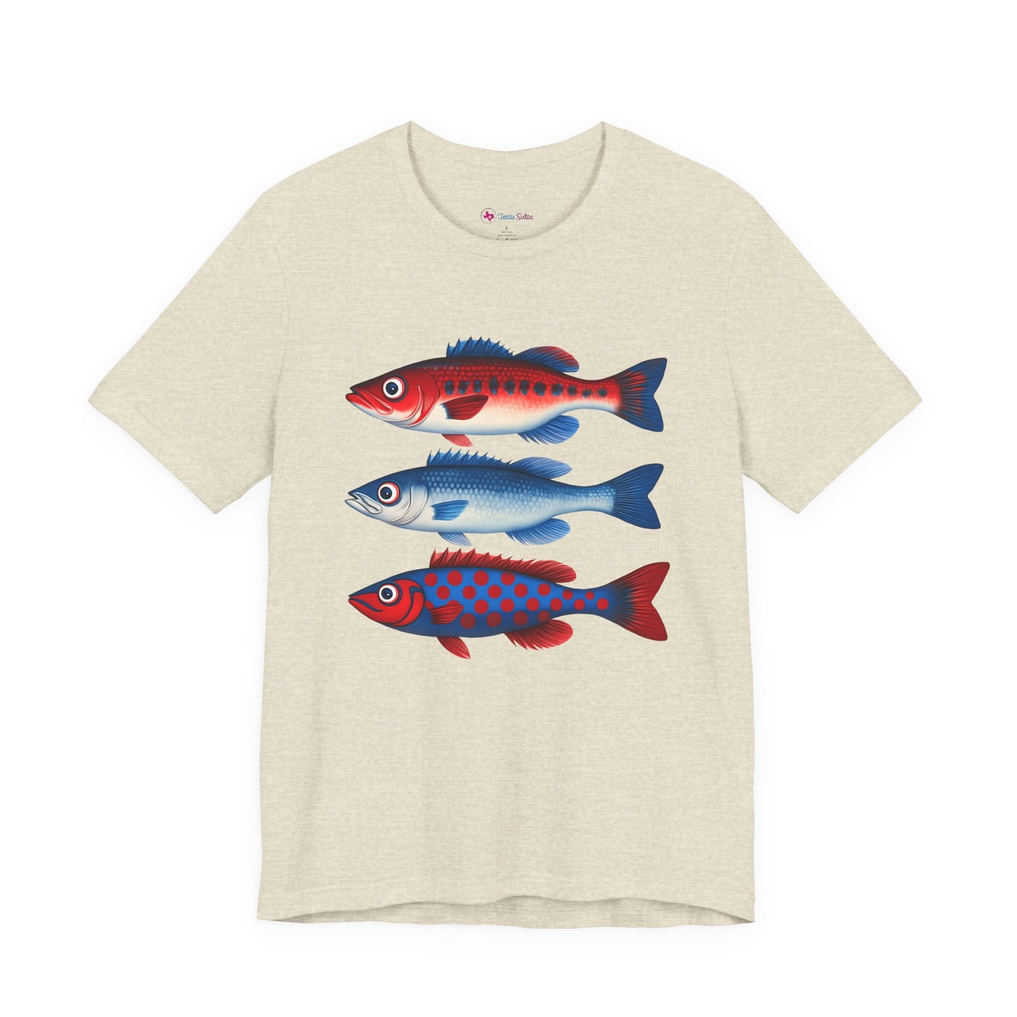 Americana Fish Trio Graphic Tee — Nautical Red & Blue Coastal T-Shirt