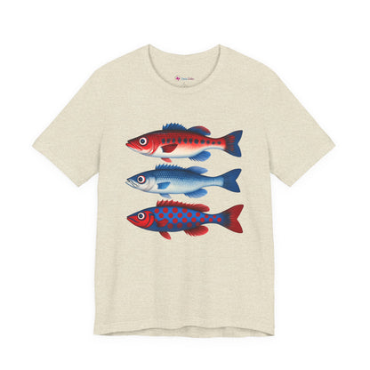 Americana Fish Trio Graphic Tee — Nautical Red & Blue Coastal T-Shirt