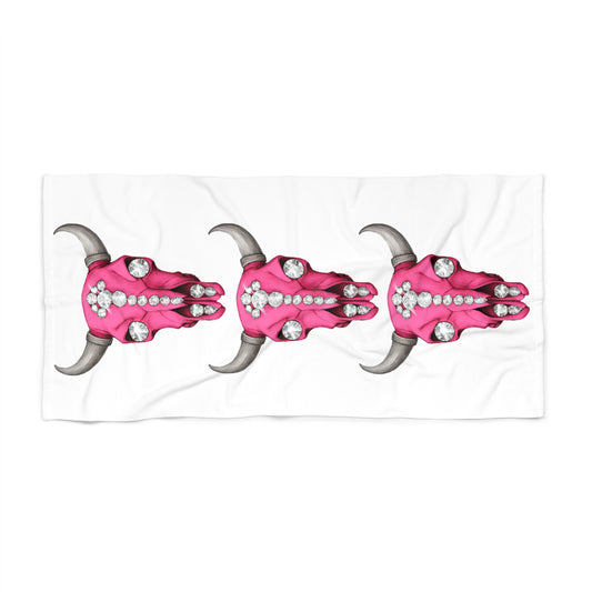 Pink Rhinestone Cow Skull Beach Towel — Southwestern Boho Beach Accessory