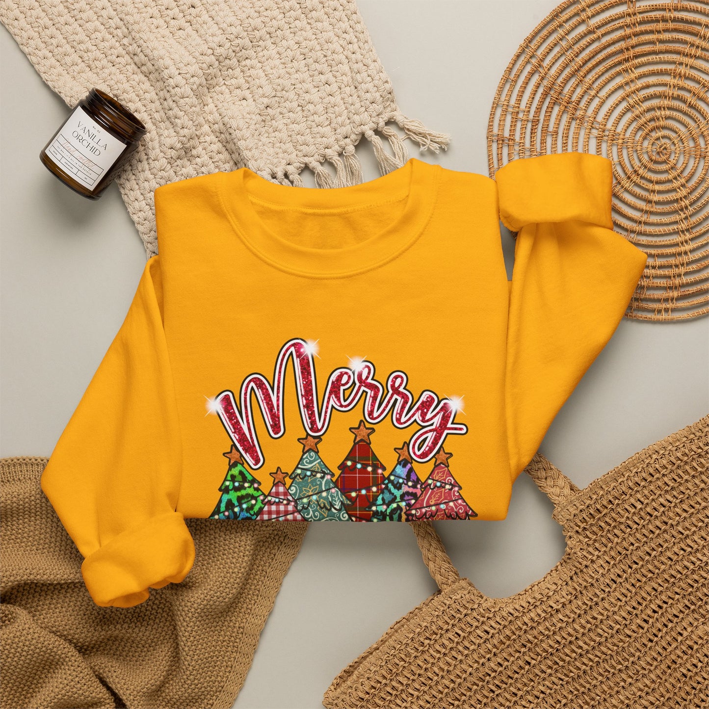 Merry Christmas Crewneck Sweatshirt - Festive Plaid Christmas Trees Holiday Sweatshirt