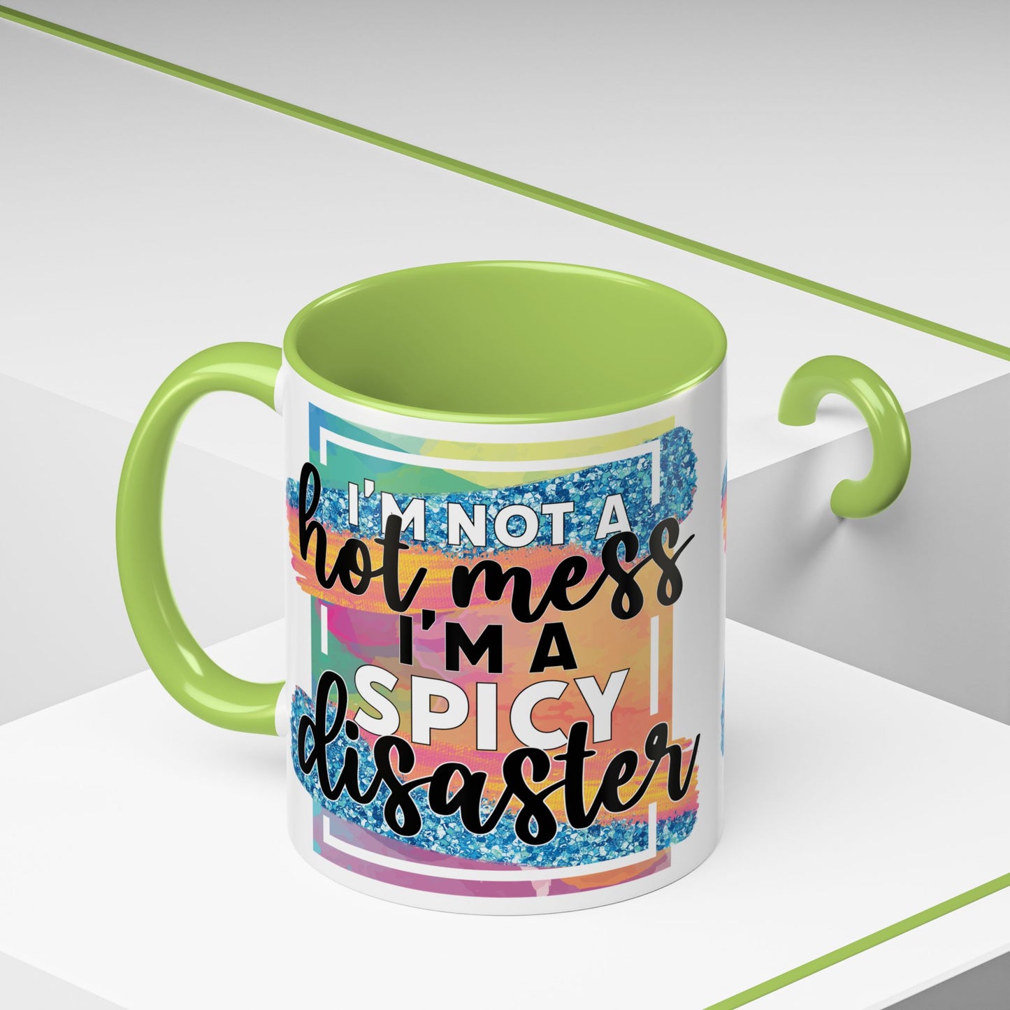Spicy Disaster Accent Coffee Mug – Colorful Funny “I’m Not a Hot Mess, I’m a Spicy Disaster” Gift