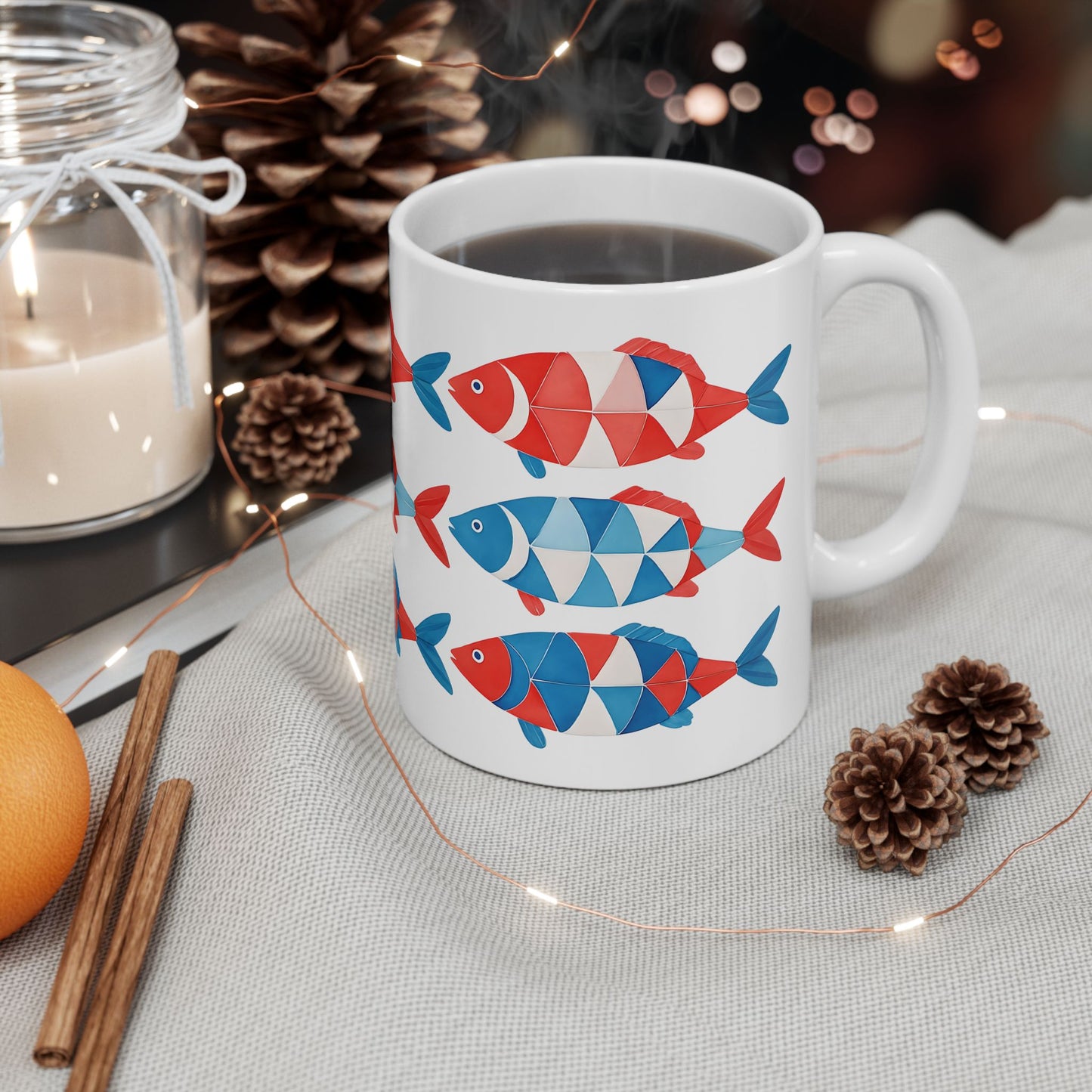 Red, White & Blue Fish Pattern Coffe Cup Ceramic Mug (11oz, 15oz)