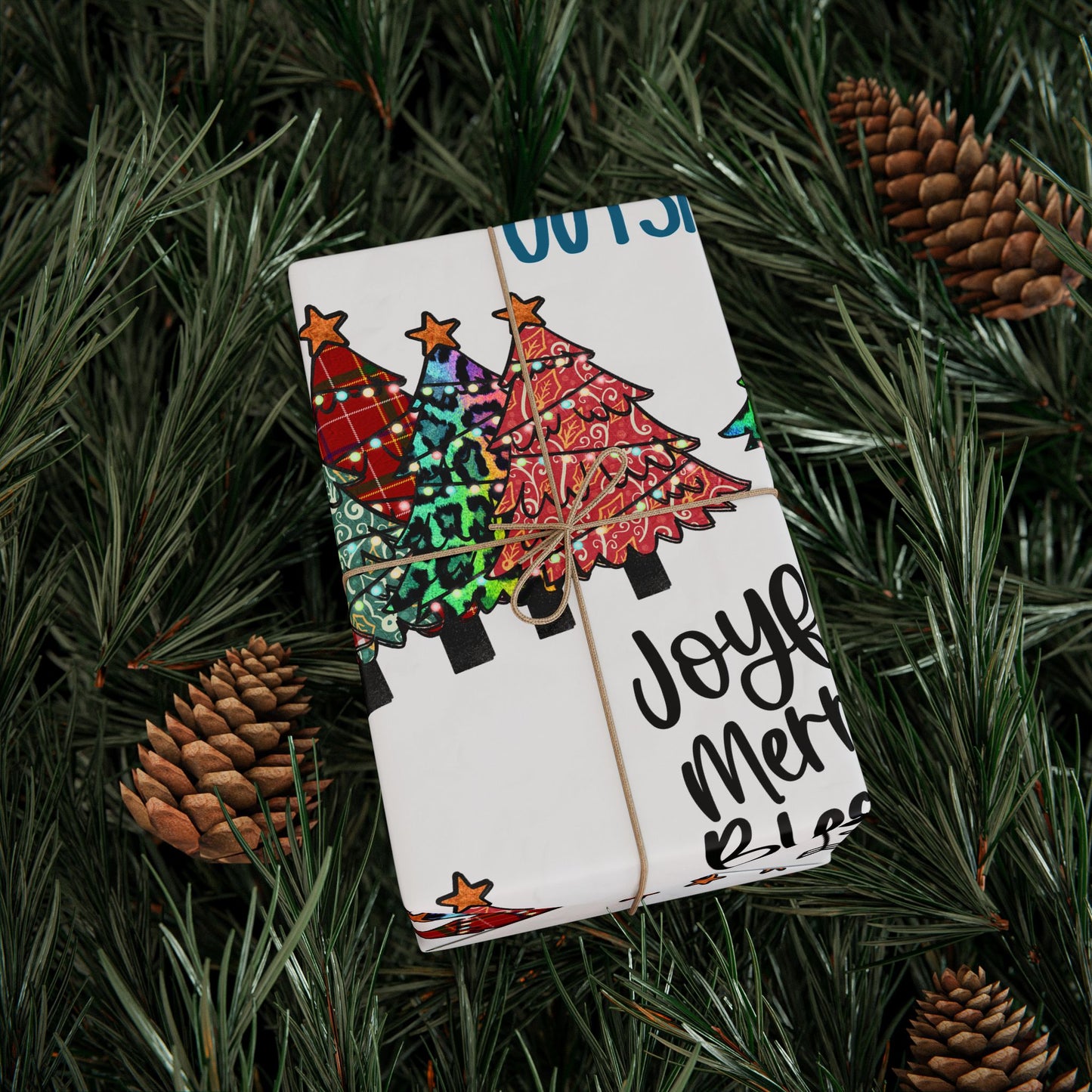 Wrapping Paper Roll – "Joyful Merry & Blessed" Holiday Gift Wrap with Festive Script Pattern