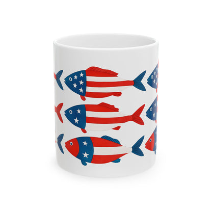 USA Flag Fish Ceramic Mug - Patriotic Ocean-Inspired Coffee Cup