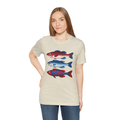 Americana Fish Trio Graphic Tee — Nautical Red & Blue Coastal T-Shirt