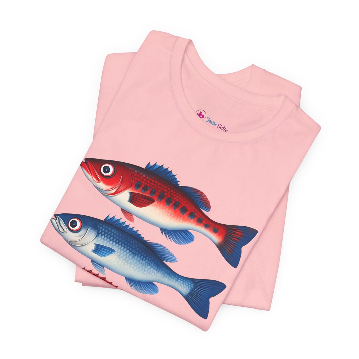 Americana Fish Trio Graphic Tee — Nautical Red & Blue Coastal T-Shirt