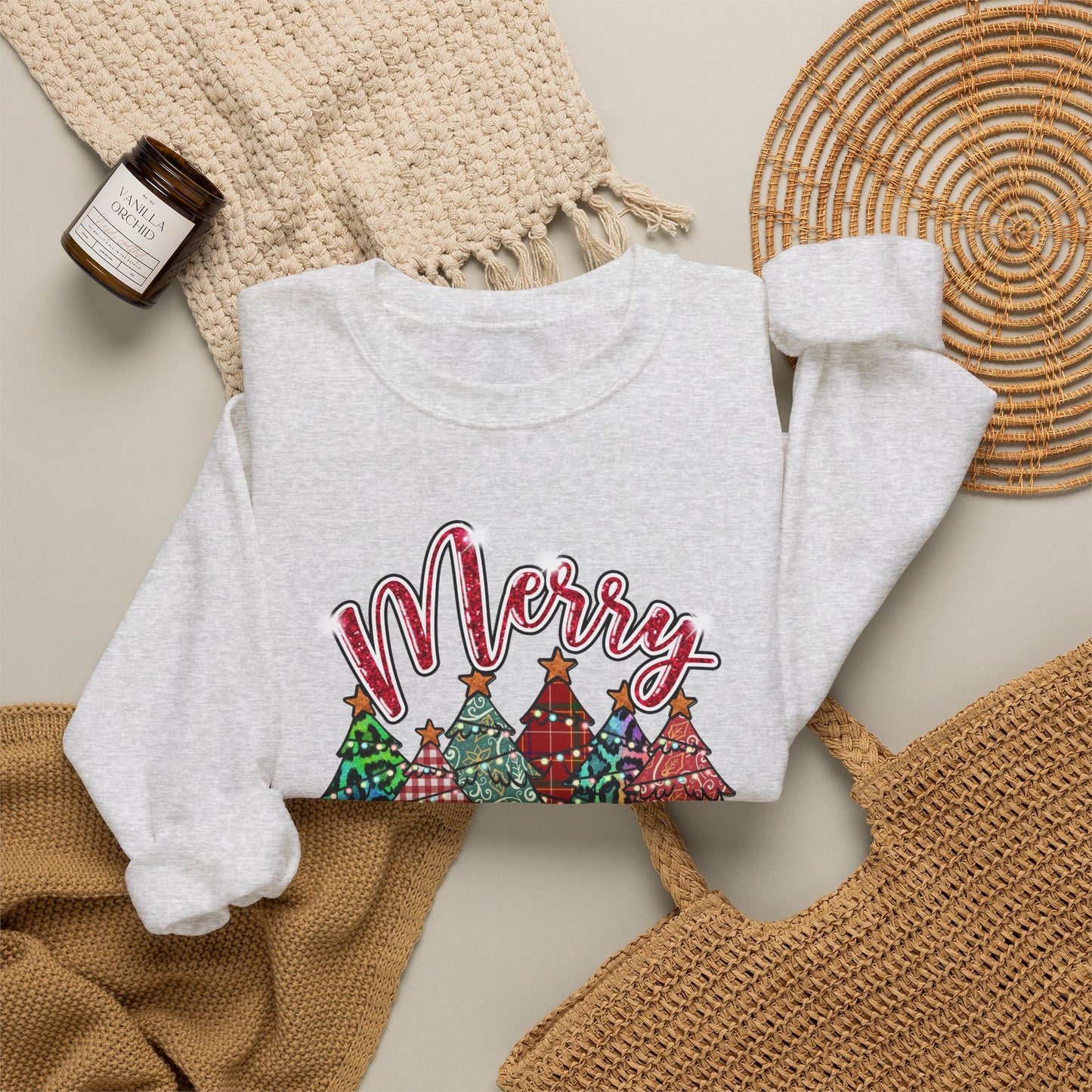 Merry Christmas Crewneck Sweatshirt - Festive Plaid Christmas Trees Holiday Sweatshirt