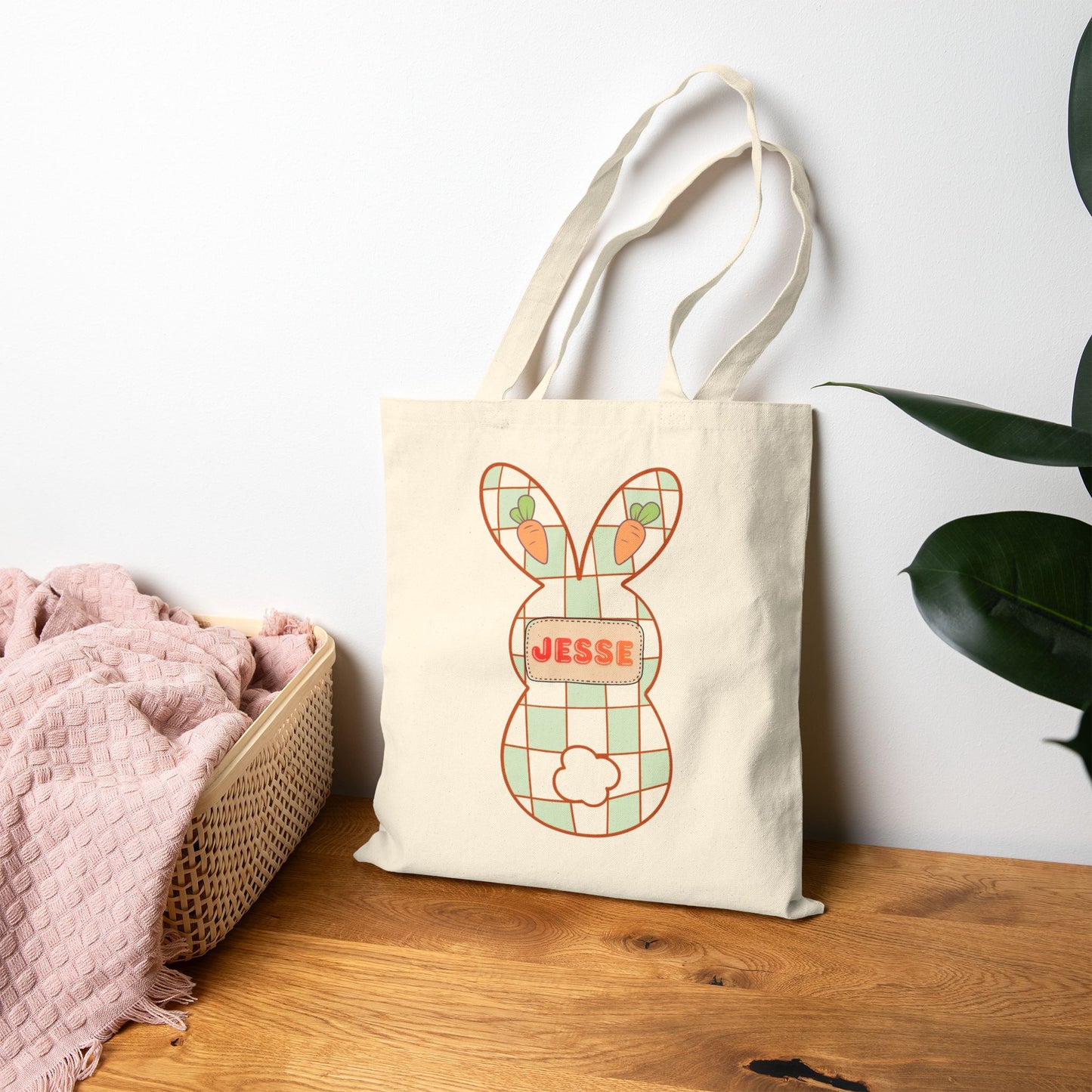 Personalized Plaid Easter Bunny Tote Bag - Custom Name Cotton Canvas