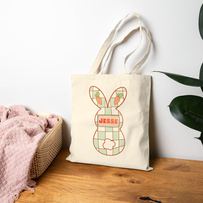 Personalized Plaid Easter Bunny Tote Bag - Custom Name Cotton Canvas