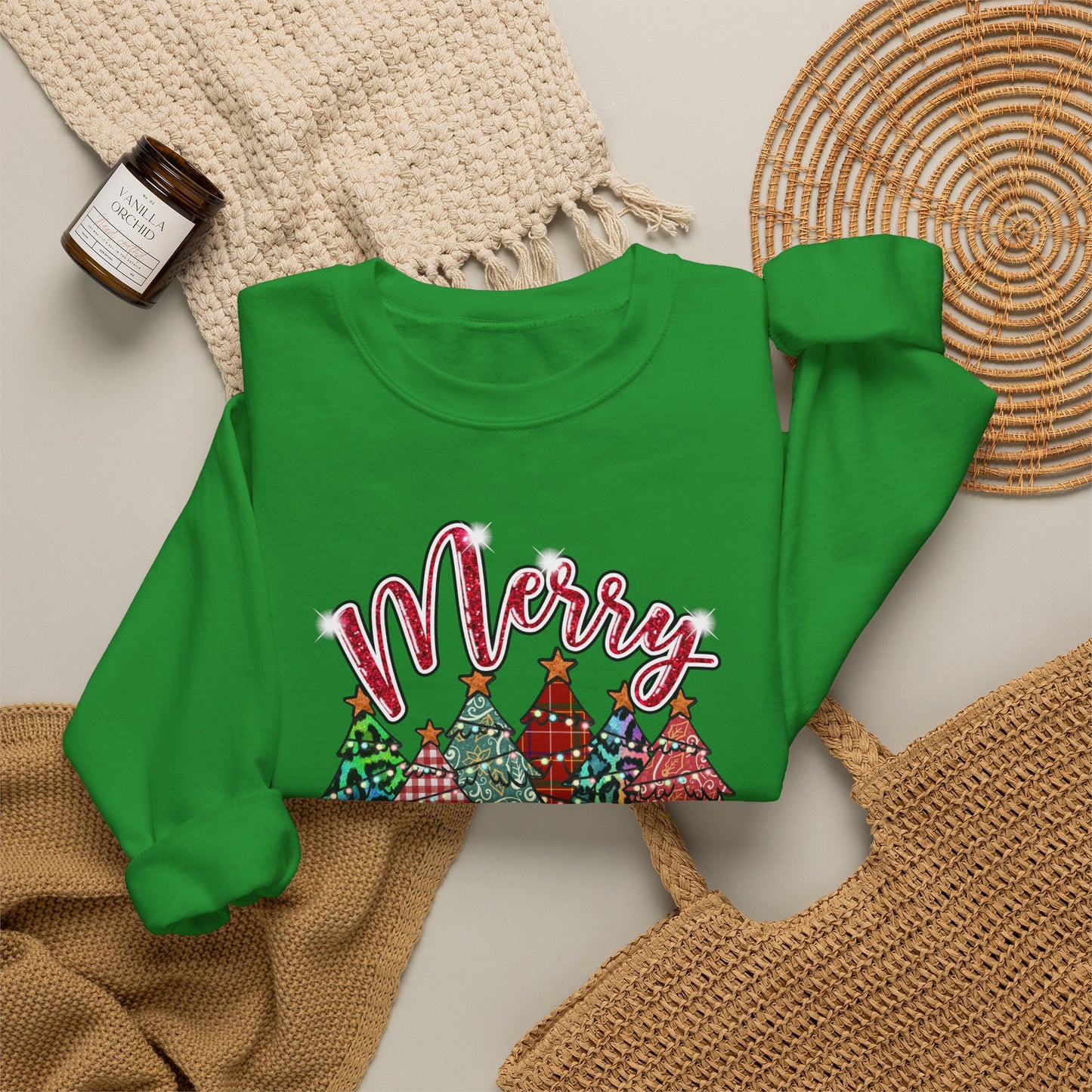 Merry Christmas Crewneck Sweatshirt - Festive Plaid Christmas Trees Holiday Sweatshirt