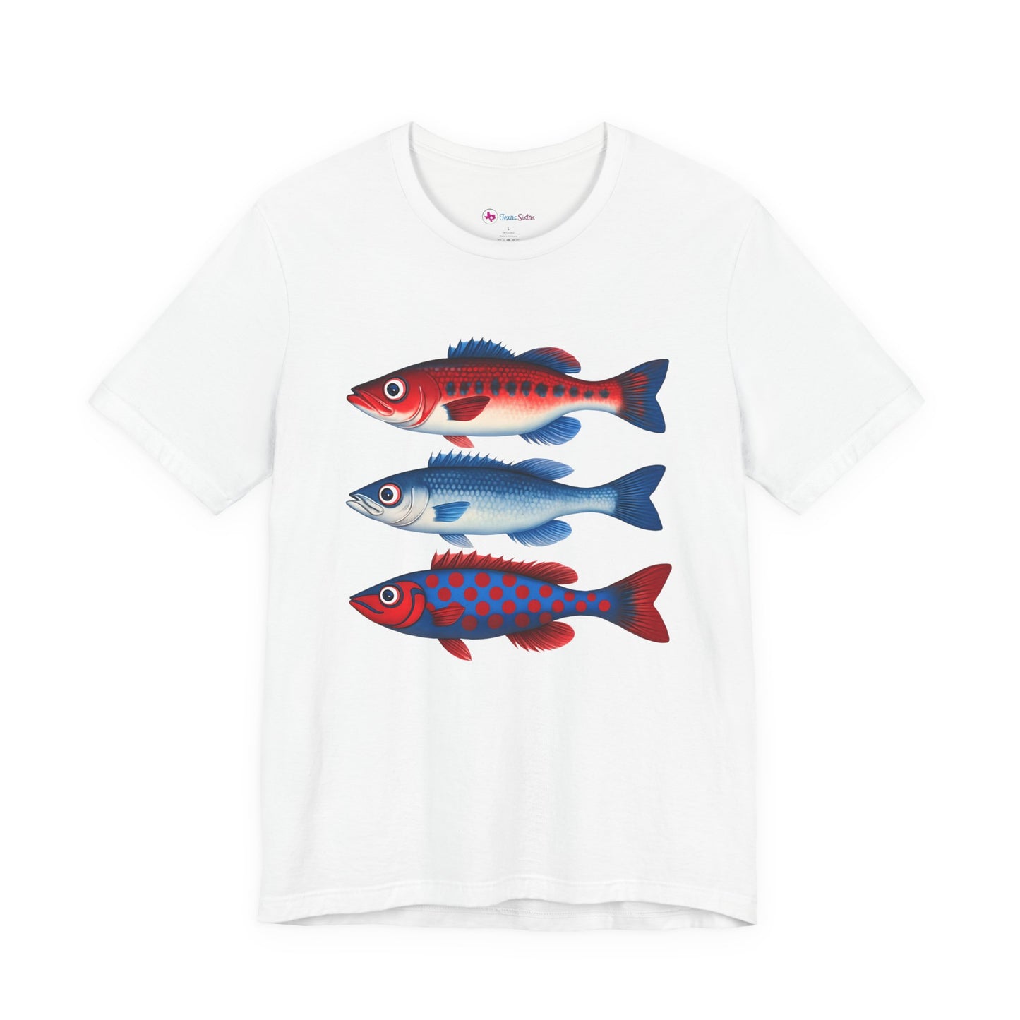 Americana Fish Trio Graphic Tee — Nautical Red & Blue Coastal T-Shirt