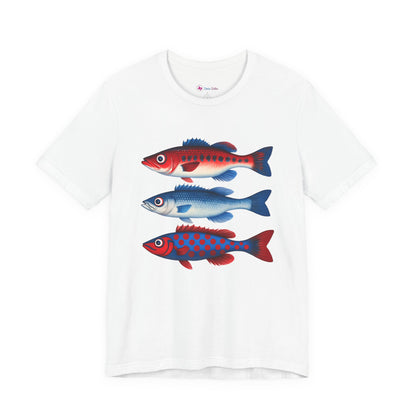 Americana Fish Trio Graphic Tee — Nautical Red & Blue Coastal T-Shirt