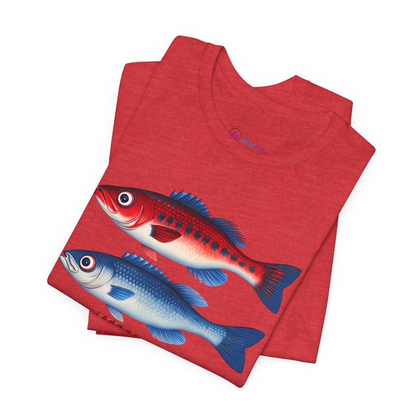 Americana Fish Trio Graphic Tee — Nautical Red & Blue Coastal T-Shirt