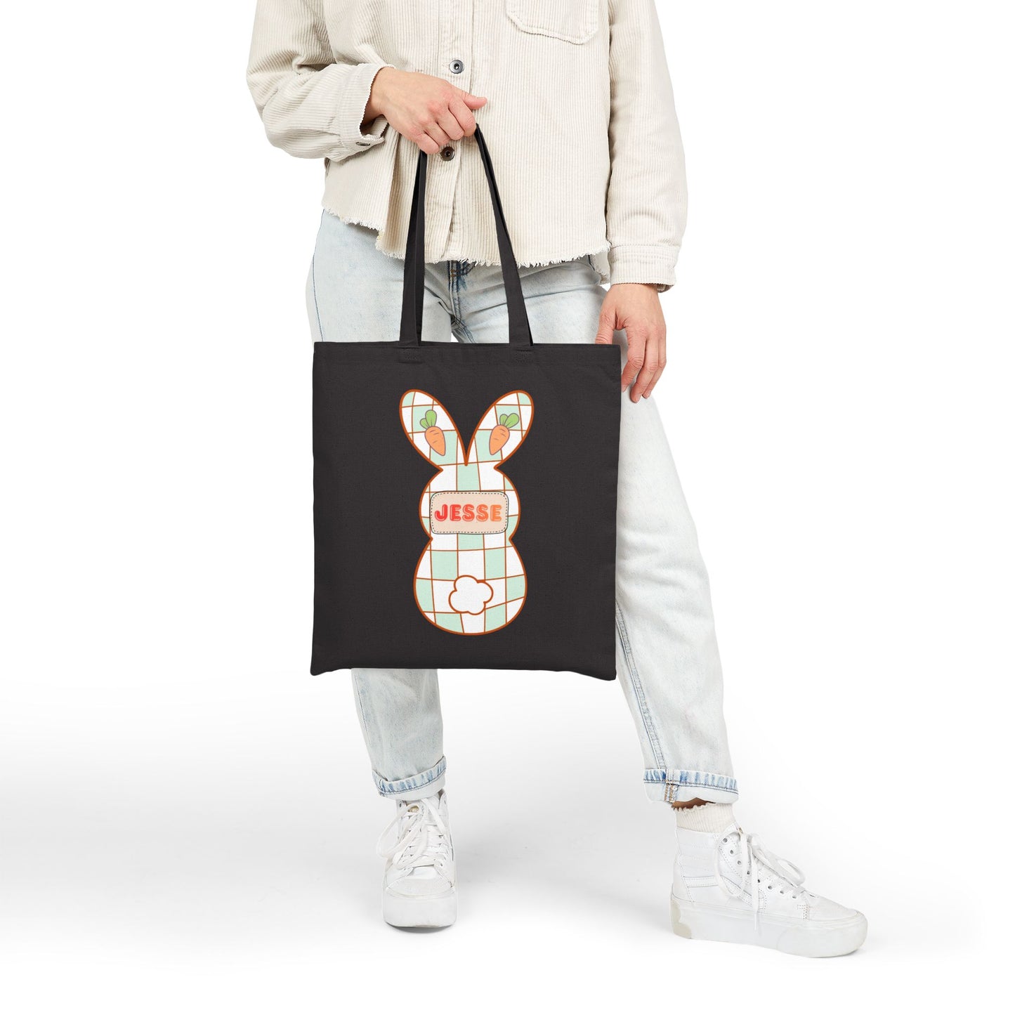 Personalized Plaid Easter Bunny Tote Bag - Custom Name Cotton Canvas