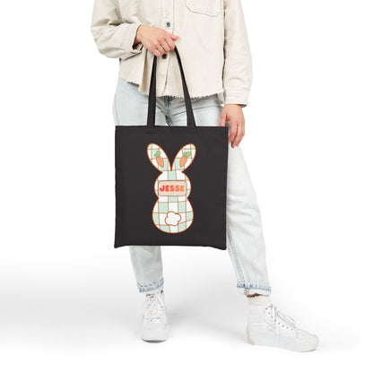 Personalized Plaid Easter Bunny Tote Bag - Custom Name Cotton Canvas