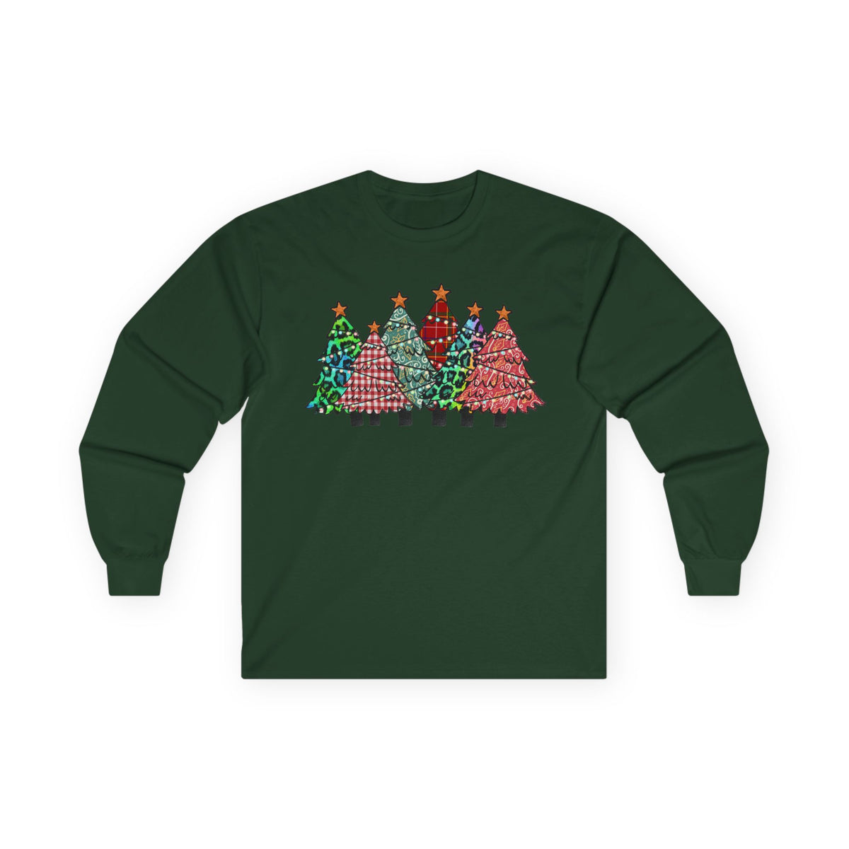 Colorful Plaid Christmas Trees T-Shirt Long Sleeve