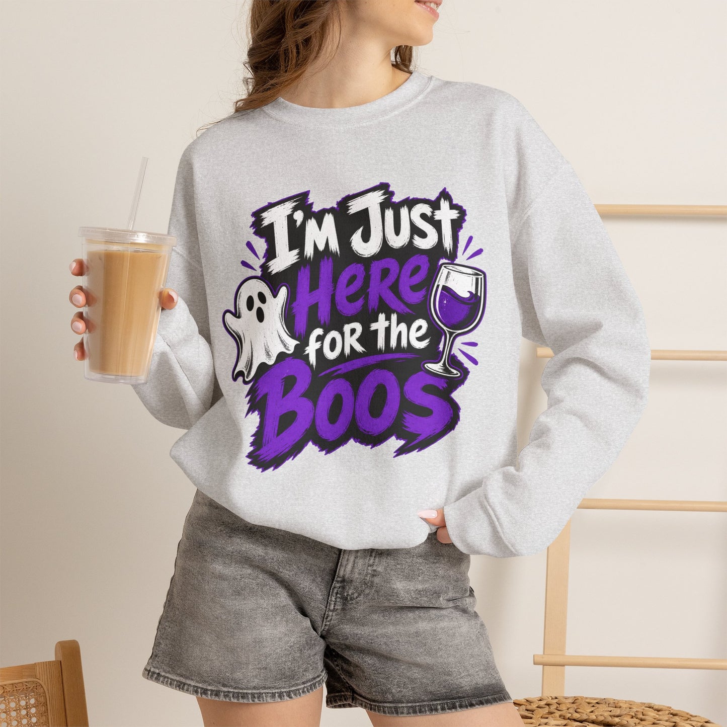 I'm Just Here for the Boos Halloween Sweatshirt — Ghost & Wine Graphic Crewneck