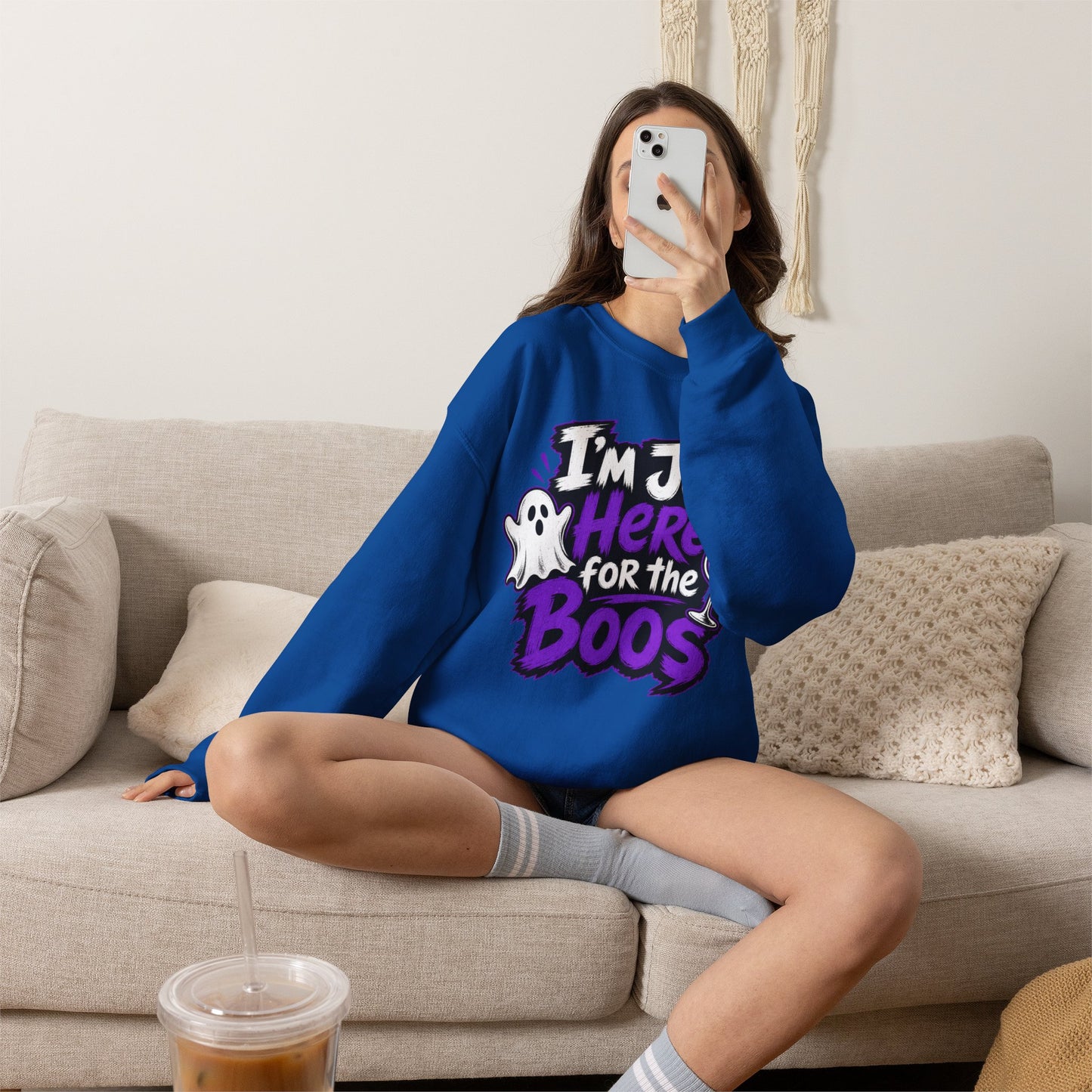 I'm Just Here for the Boos Halloween Sweatshirt — Ghost & Wine Graphic Crewneck