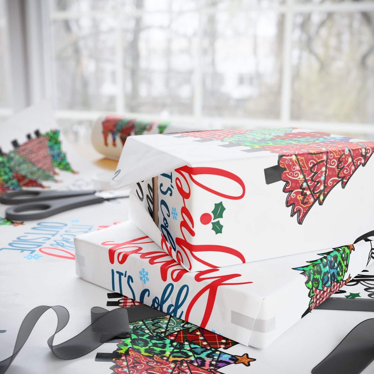 Wrapping Paper Roll – "Joyful Merry & Blessed" Holiday Gift Wrap with Festive Script Pattern