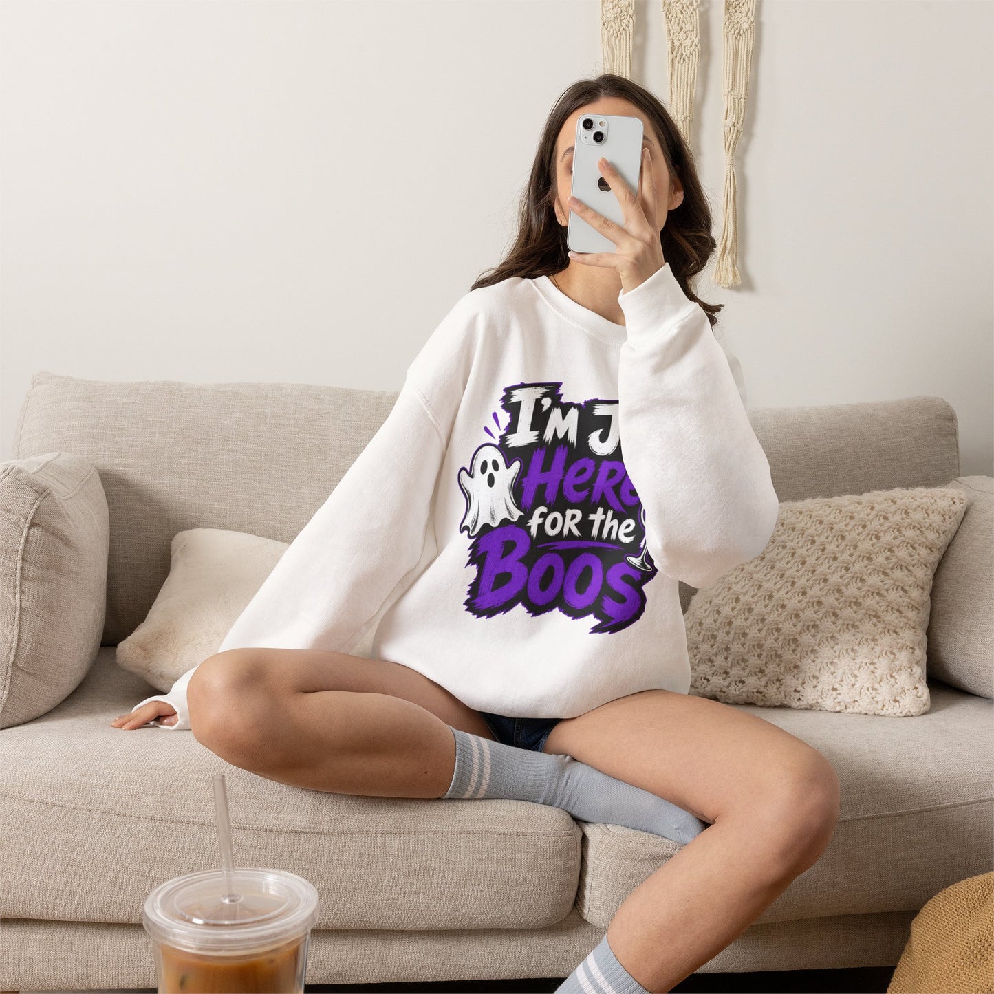 I'm Just Here for the Boos Halloween Sweatshirt — Ghost & Wine Graphic Crewneck